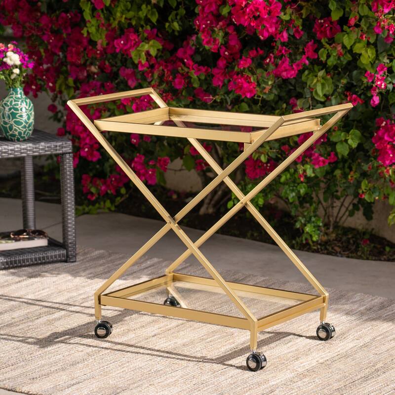 Outdoor Golden Bar Cart with Tempered Glass Top