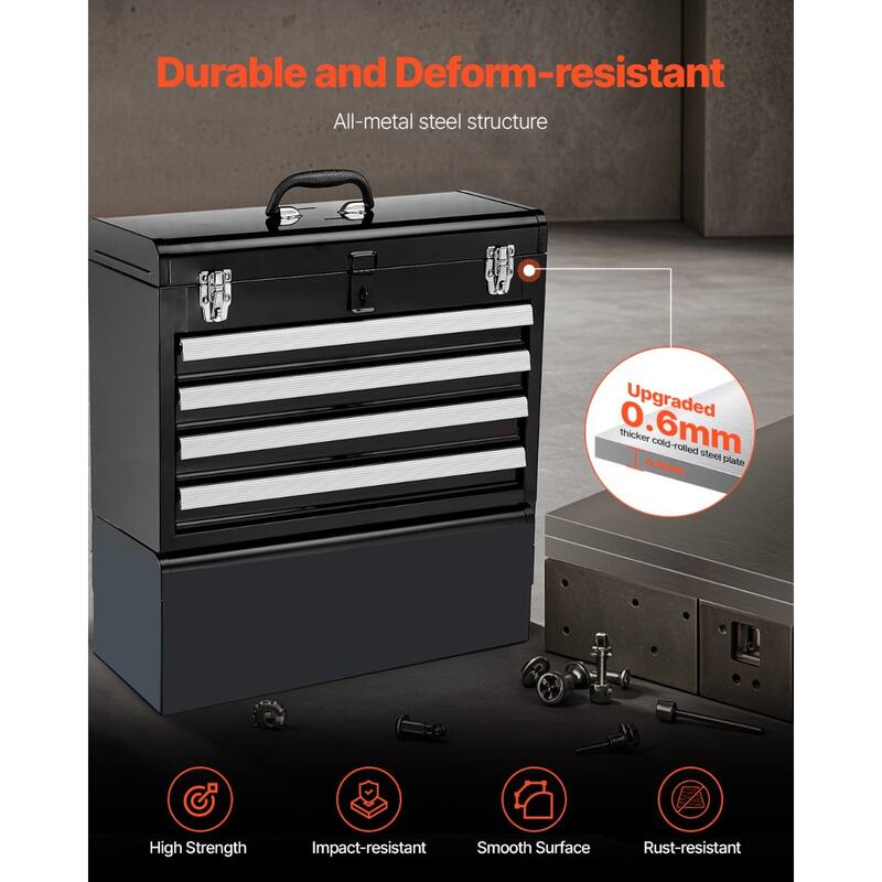 20.5-Inch Black Portable Metal Toolbox with 4 Drawers and Auto-Locking System - 20.5 x 8.6 x 14.2 in