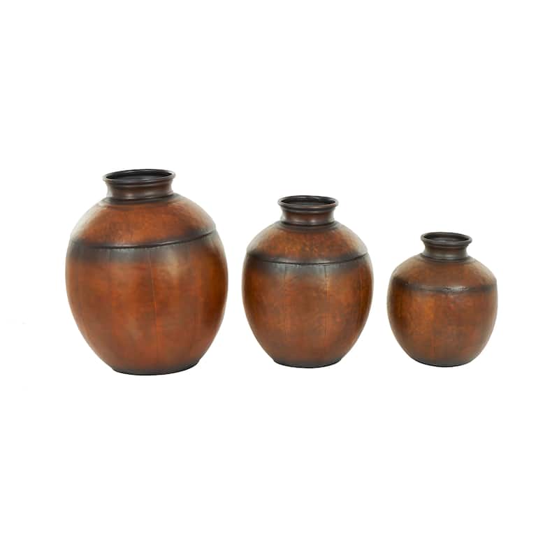 Metal Antique Style Round Pot Floor Vase - Set of 3 Brown - Roche River Decor - 22"W x 22"L x 26"H