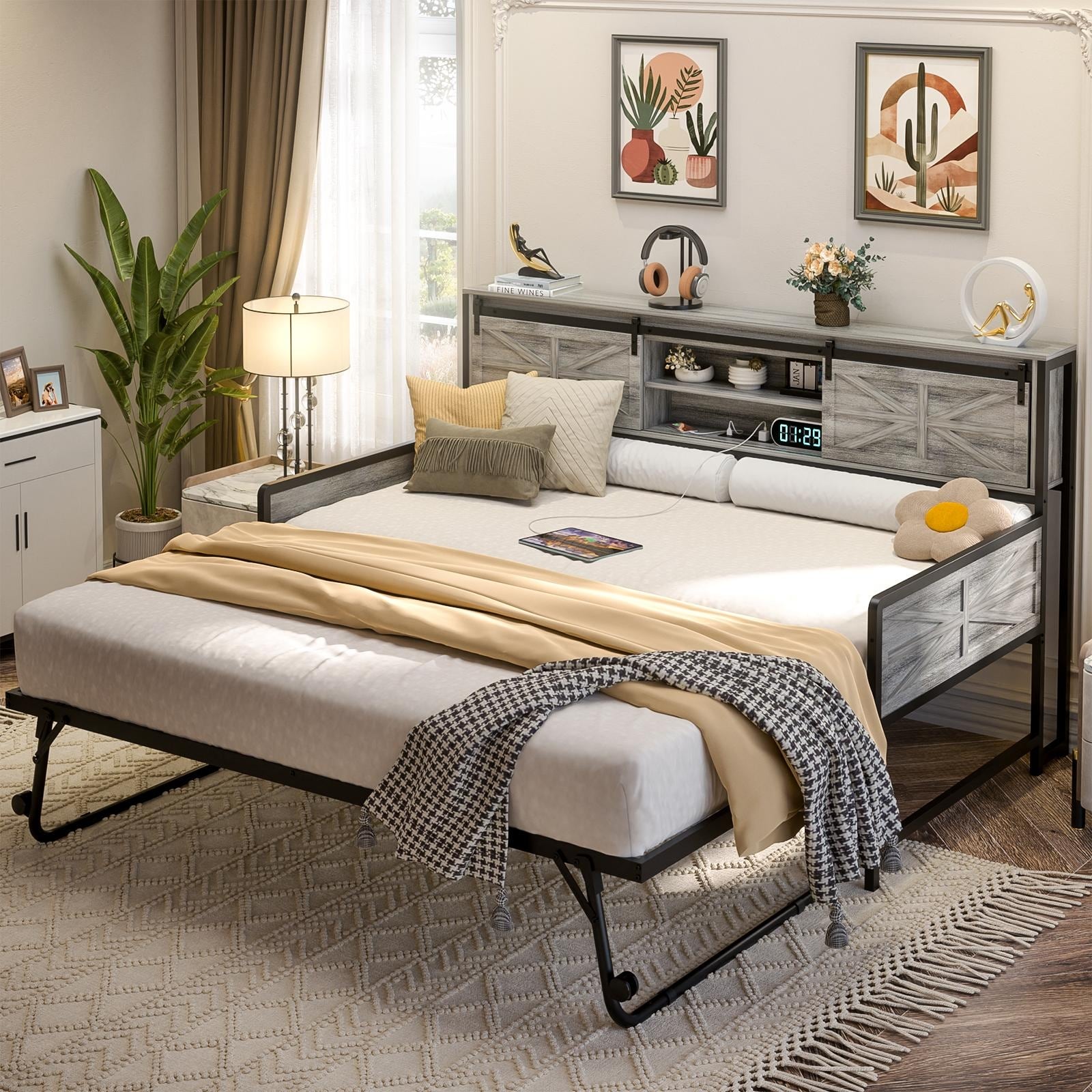 Farmhouse Twin Daybed with Pop-up Trundle Bed and Charging Station，Sofa Bed Frame with Bookcase Headboard with 2 Sliding Doors