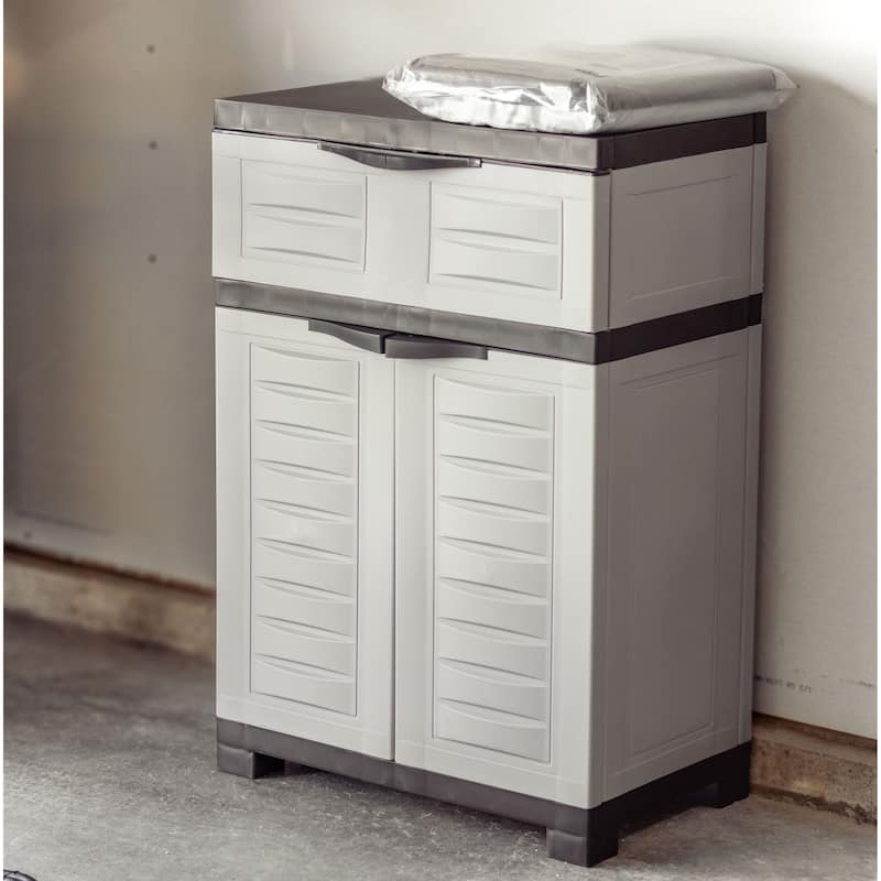 Plastic Storage Cabinet with Adjustable Shelf and Drawer - Gray with Charcoal Trim