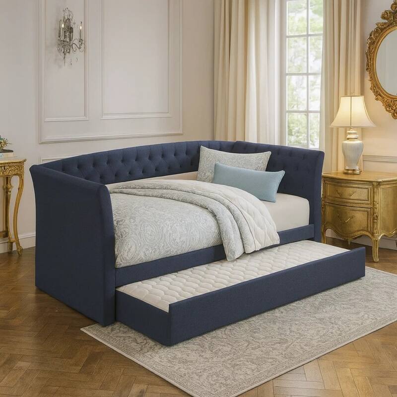 Alma Classic Wood Daybed with Trundle, Button Tufted, Charcoal Burlap