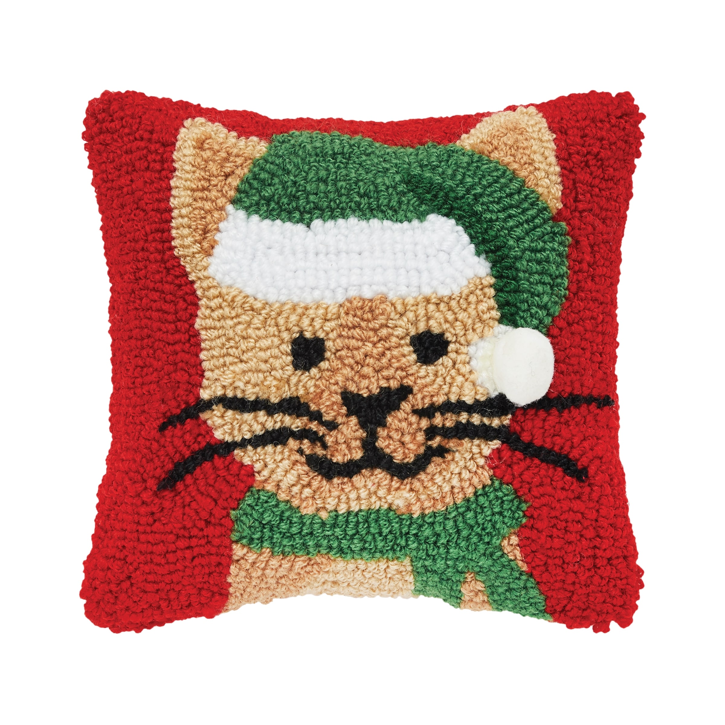 Christmas Cat in Santa Hat Petite Hooked Accent Pillow, 8" x 8"