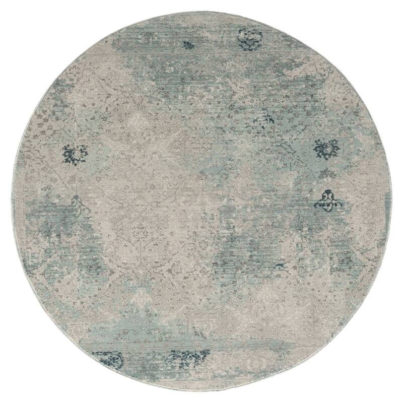 Porch & Den Hofer Distressed Blue and Beige Abstract Geometric Area Rug - 6' Round - Abstract Sky