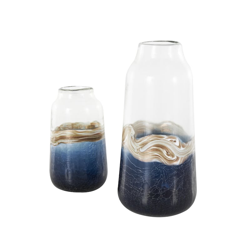 Glass Abstract Textured Swirl Decorative Vase with Gold and Cream Accents - Set of 2 Dark Blue - Roche River Decor