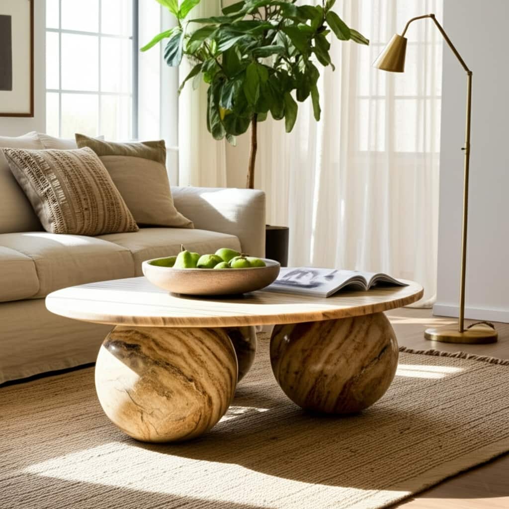 Marble Coffee Table Modern Round Sculptural Sphere Feet - 15" Brown - 40.0"