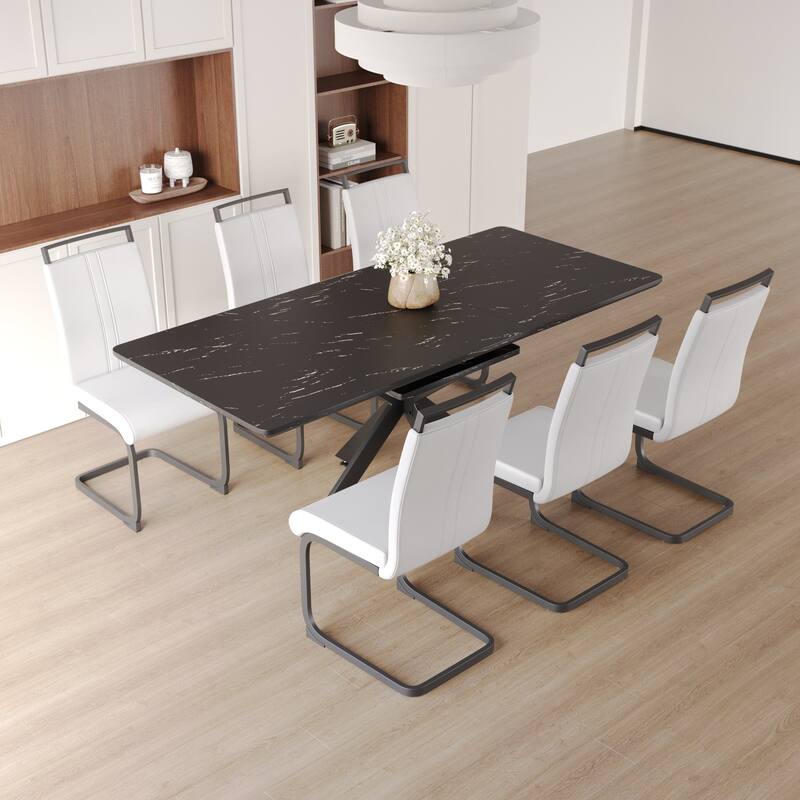 Modern Dining Set with Rectangular Extendable Table & High Back C-shaped Tube Armless Chairs