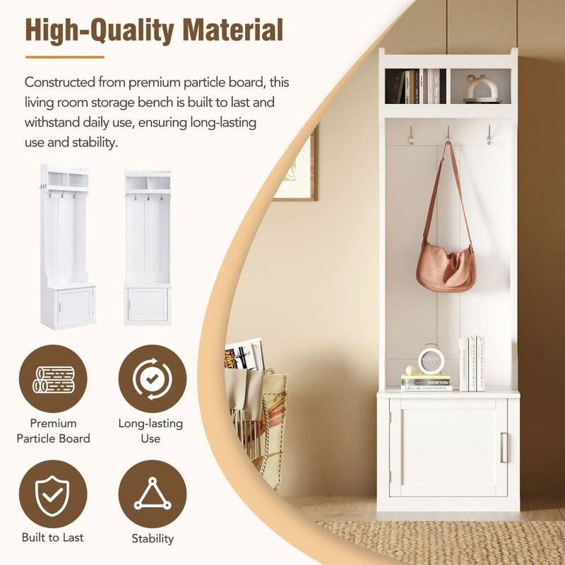 Minimalist Slim Hall Tree with Cabinet & 6 Hanging Hooks