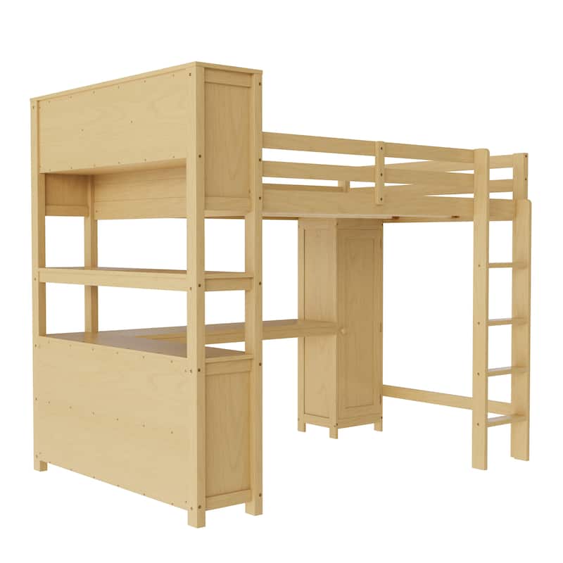 All-in-One Queen Size Loft Bed with L Shape Desk, Bookcase Headboard, Storage Cabinet and Built-in Wardrobe with Hanging Pole