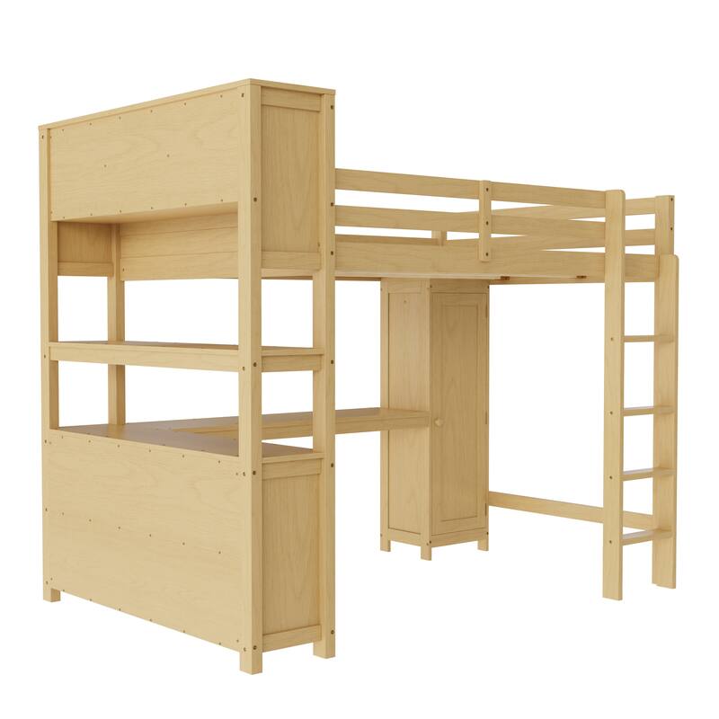 Wood Loft Bed with Cabinet and Bookshelf, Queen Size Loft with Wardrobe and Desk for Kids