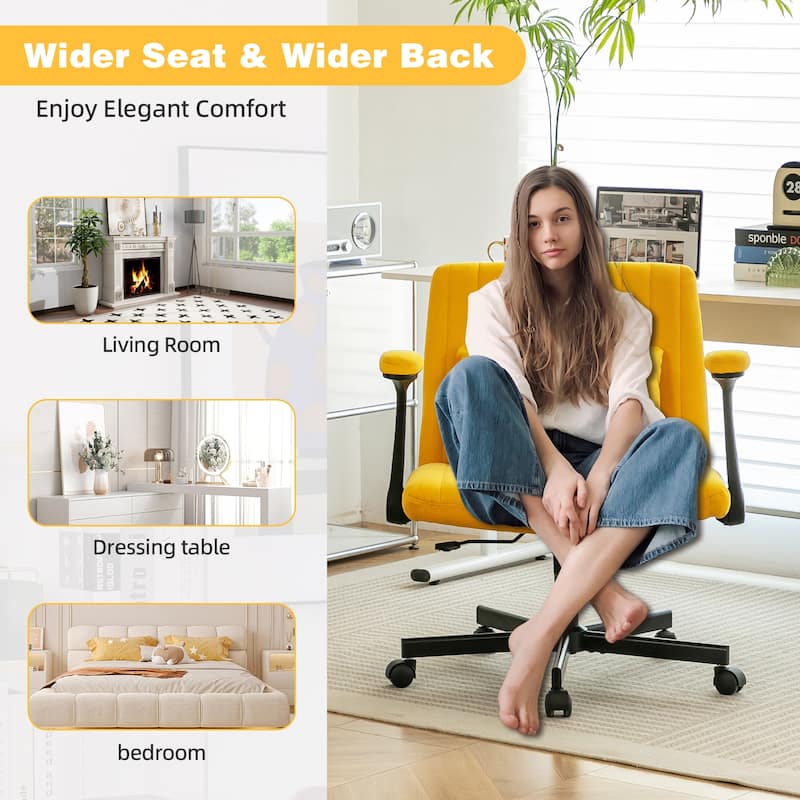 Yellow Cross-Legged Office Chair, Vanity Chair with Adjustable Seats and Wheels, for Home Offices and Studies