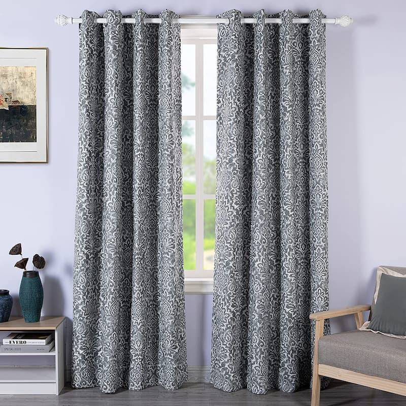 DriftAway Frances Linen Blend Damask Printed Blackout Curtain - 50" Width X 84 " Length - Grey