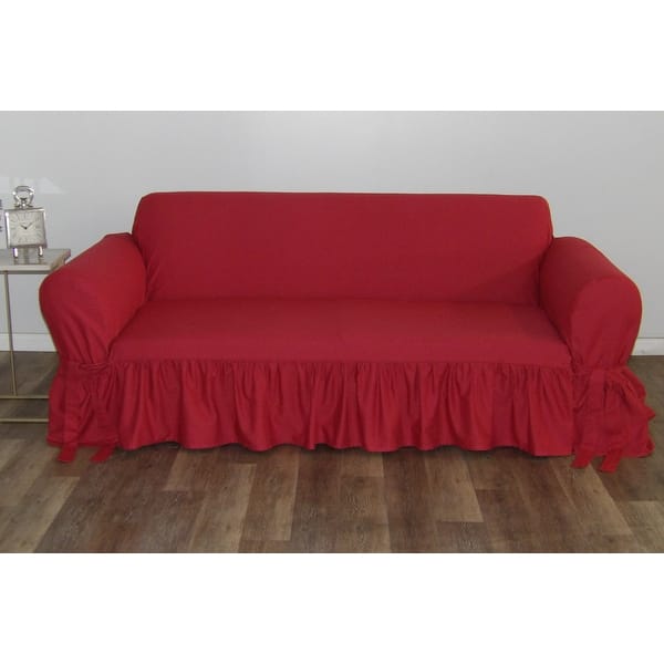 slide 2 of 4, Ruffled Cotton Sofa Slipcover Red