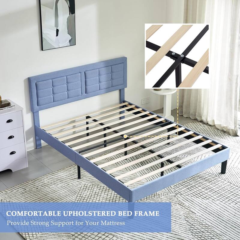 VECELO Bed Frame with Adjustable Headboard, Upholstered Button Tufted Platform Bedframe with Wood Slats Support