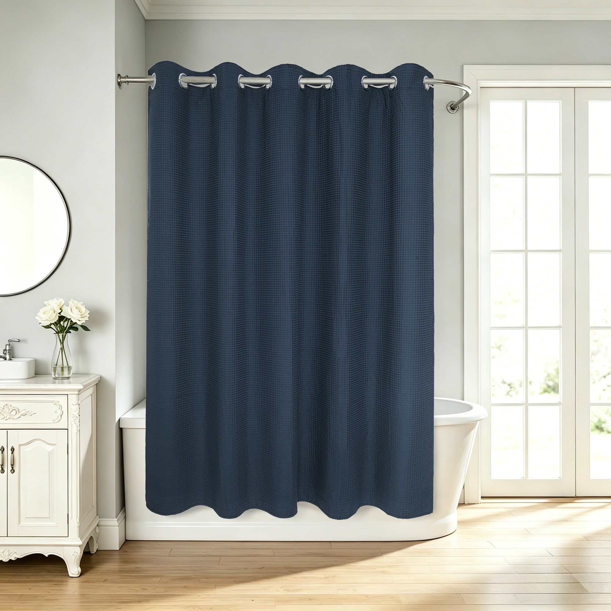 No Hook Cotton Blend Waffle Shower Curtain with Snap-in Liner