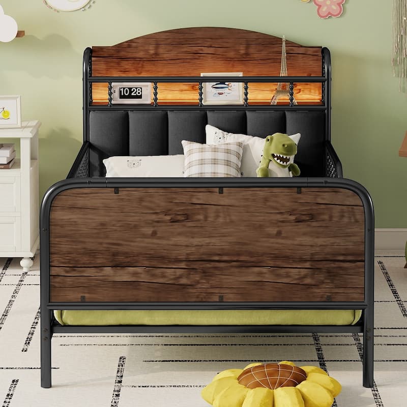 Kids Platform Bed Metal Frame with Linen Fabric Upholstered Storage Headboard Built-in Light Strip, Both Sides Rails