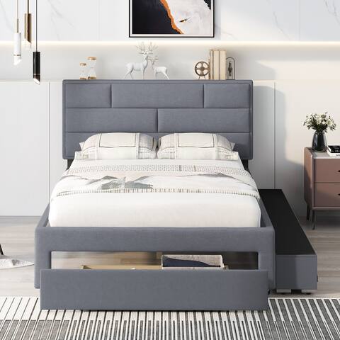 Full Size Upholstered Platform Bed With Drawer and Storage Shelves