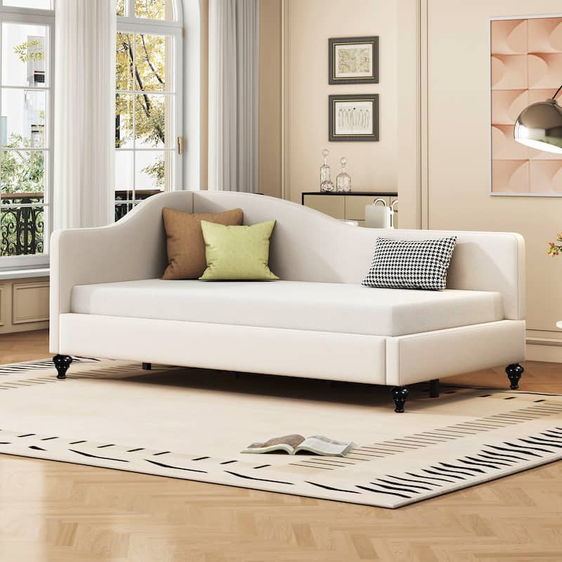 Twin/Full Size Upholstered Daybed, Linen Fabric Sofa Bed with Solid Wood Legs and L Shaped Backrest, Solid Wood Bedframe