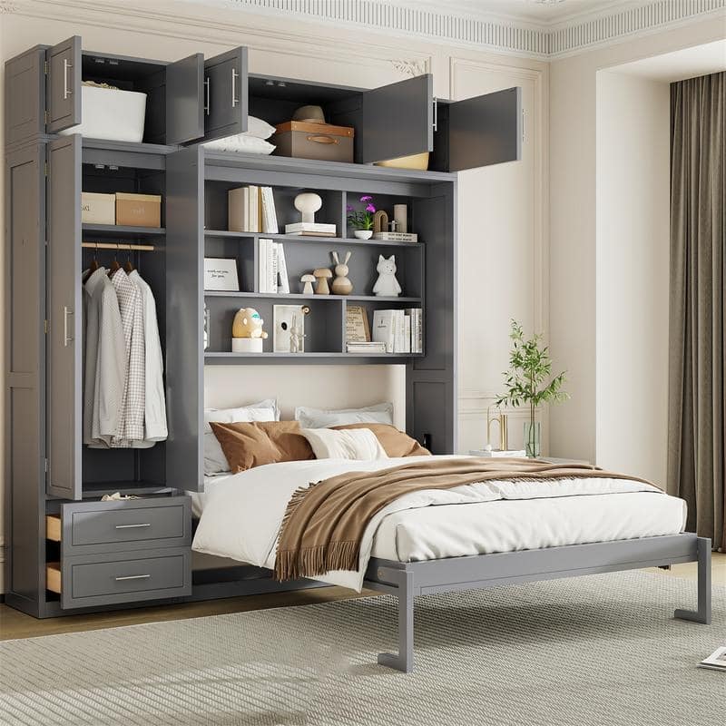 Queen Size Murphy Bed Wall Bed with Wardrobe, Top Cabinets and Storage Shelves, Foldable Murphy Cabinet Bed with 2 Drawers - Grey