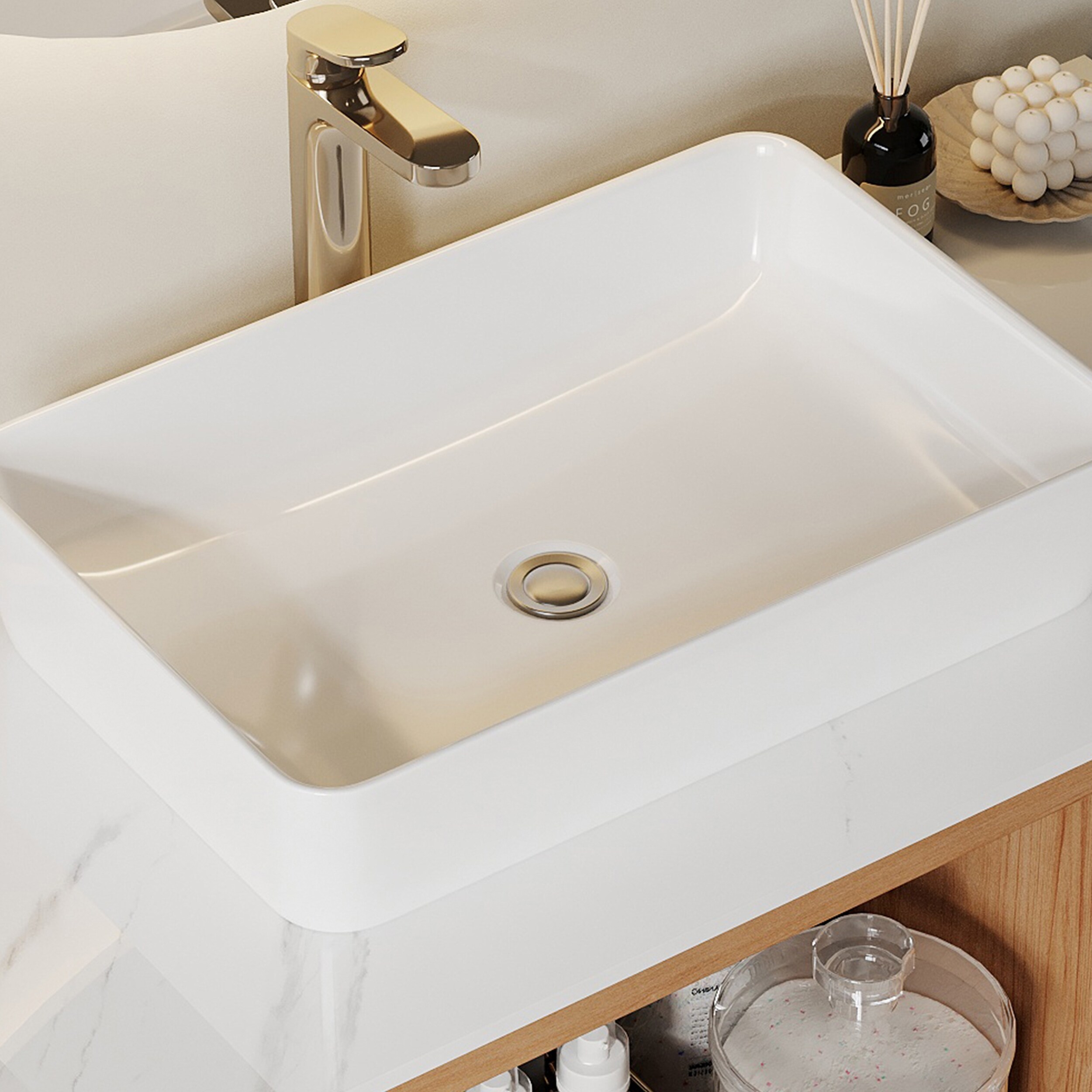 35.83'' Single Bathroom Vanity with Glossy Sintered Stone Top, Light Wood &  Dark Wood