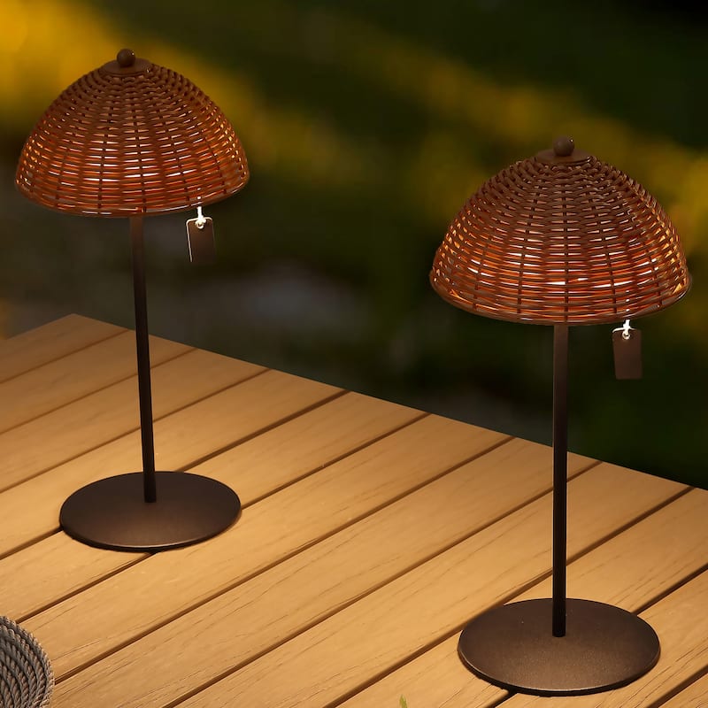 12.75" Coastal Cordless LED Table Lamp, Wicker Shade, Dimmable, Indoor/Outdoor (Set of 2) - 12.75 - Black with Light Brown Shade
