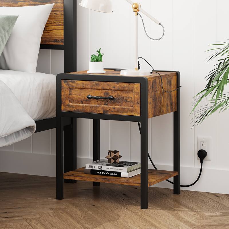 Nightstand with Charging Station Modern Side Table End Table with 1 Drawer