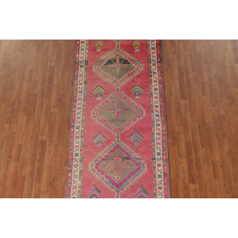 Pink Ardebil Persian Vintage Runner Rug Handmade Wool Carpet - 3'5"x 12'4"