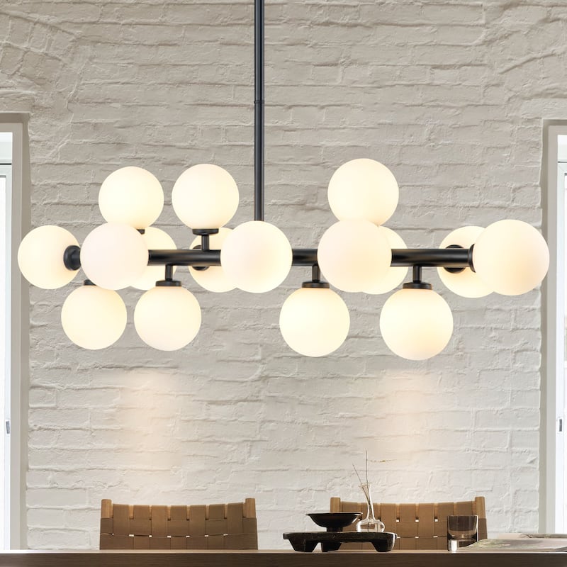 16-Light Modern Sputnik Linear Frosted Opaque Glass Globe Bubble Chandelier for Dining Room - 35.4 in. W x 11.4 in. H - Black