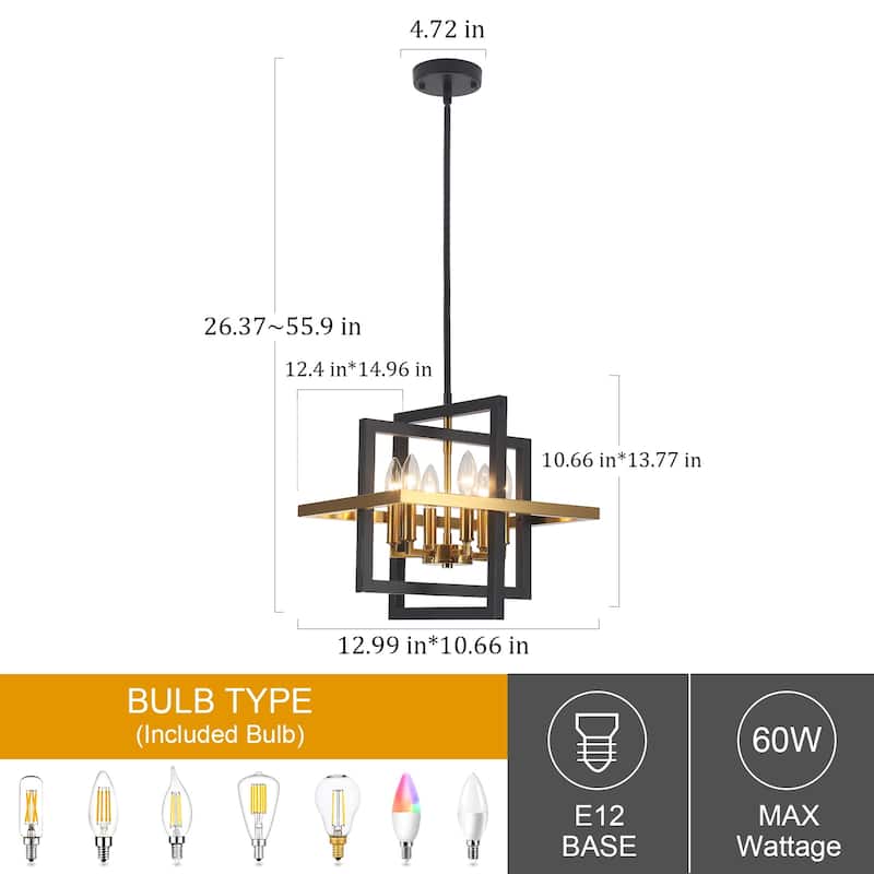 12.99" Wide 6-Light Semi Flush Mount Chandelier, Industrial Style Square Open Frame Pendant Light for Living Room