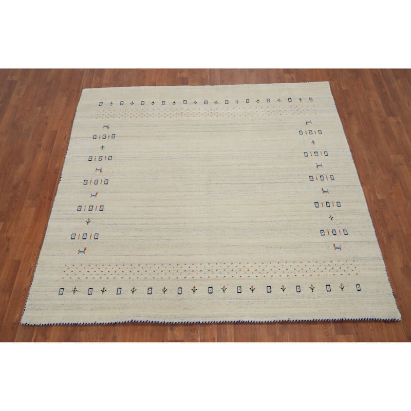 Hand Knotted Oriental 100% Wool Carpet Tribal Animal Pictorial Beige & Ivories Gabbeh Area Rug - 5' 10'' X 6' 3''