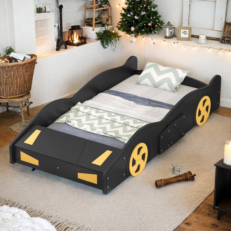 Twin Size Race Car-Shaped Platform Bed with Wheels and Storage For Kids Home Magic Funny