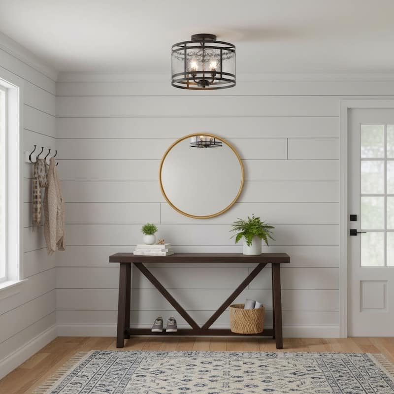 Laia 14.5" 4-light Water Textured Curved Glass Drum Round Flush Mount - 14.5 inches D x 11 inches H