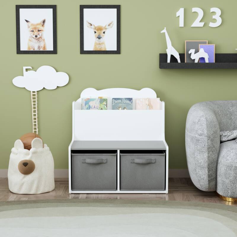 Kids Bookshelf with 2 Fabric Storage Bins-Wooden Bookcase with Book Display Shelf,Cute Bear-Shaped Backboard,Toy Organizer