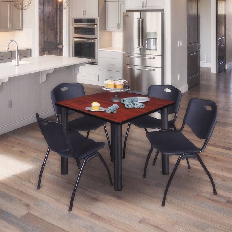 42" Square Breakroom Table- Cherry/ Black & 4 'M' Stack Chairs- Black - Cherry, Black - 42