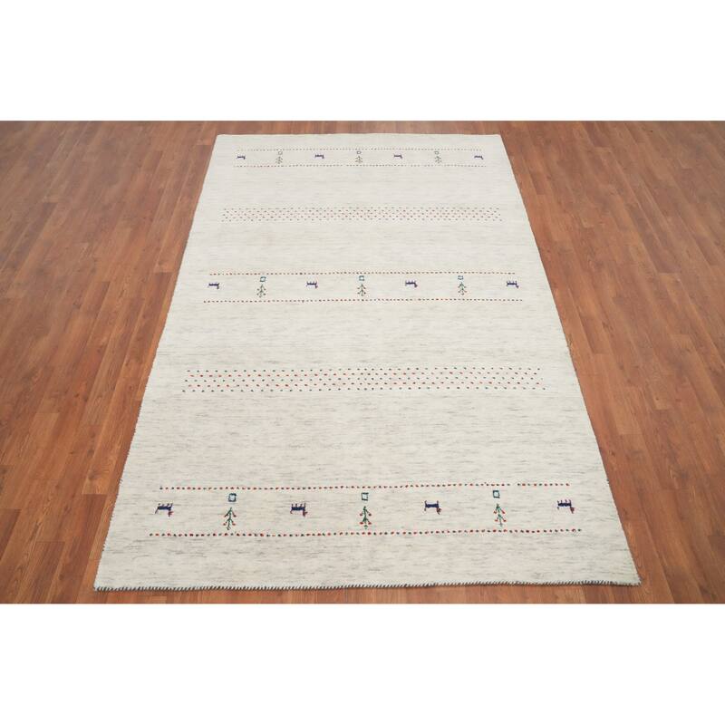 Hand Knotted Oriental 100% Wool Carpet Tribal Animal Pictorial Beige & Ivories Gabbeh Area Rug - 7' 9'' X 5' 1''