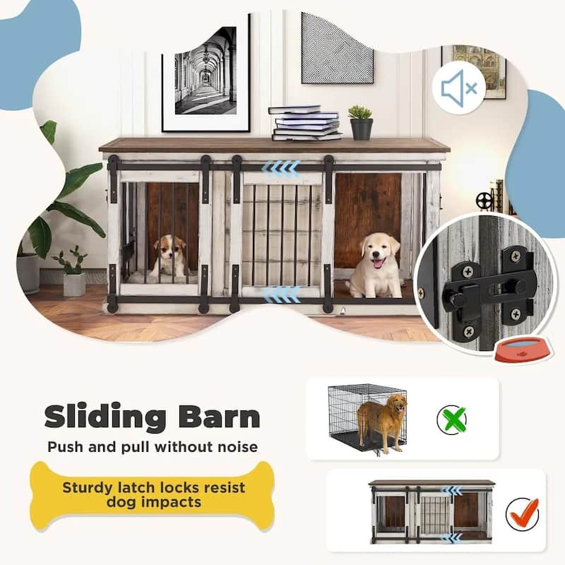 EROMMY Solid Wood Dog Crate Furniture, Indoor Dog Kennel with Sliding Door TV Cabinet, Chic Wooden Dog House, Stylish Dog Cage