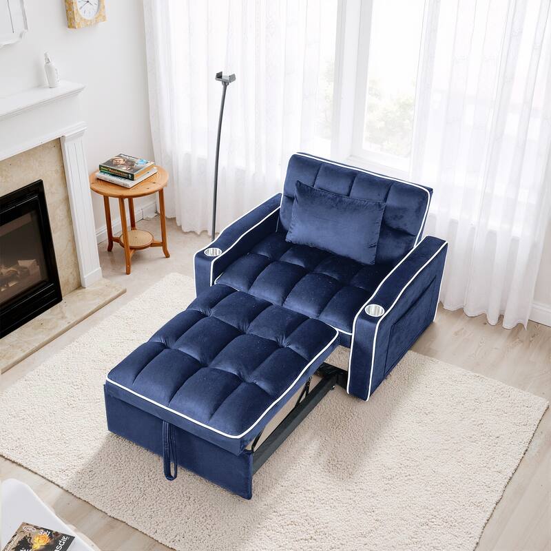 37 in. W 3-in-1 Convertible Chair Bed Suede Pull Out Twin Size Sofa Bed with USB Ports, Cup & Phone Holder - Blue