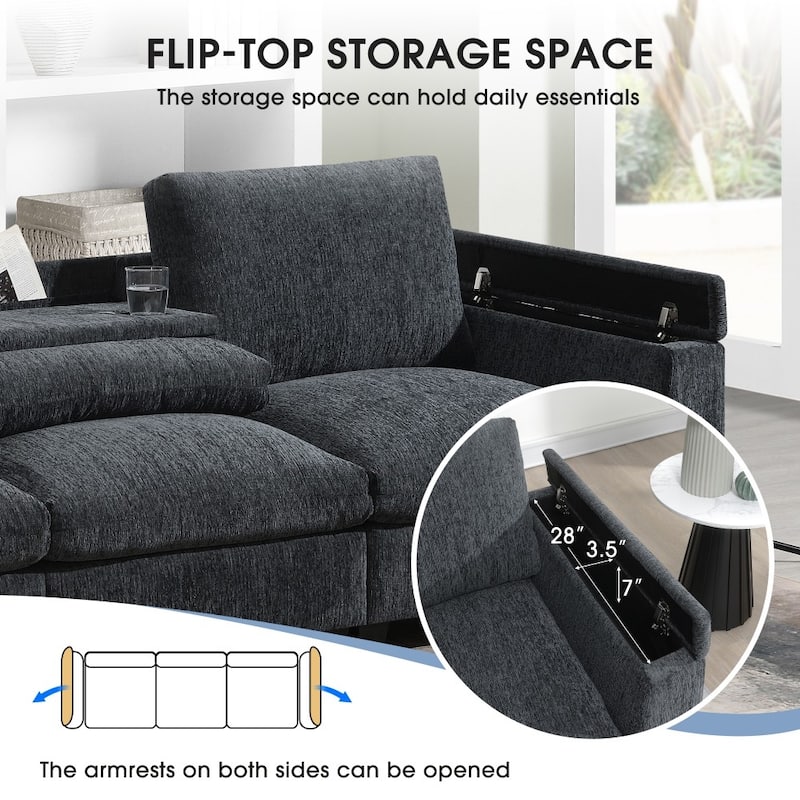 96'' Sectional Sofa with Bluetooth Speaker, Drop Down Table, USB Charger, Storage Armrest