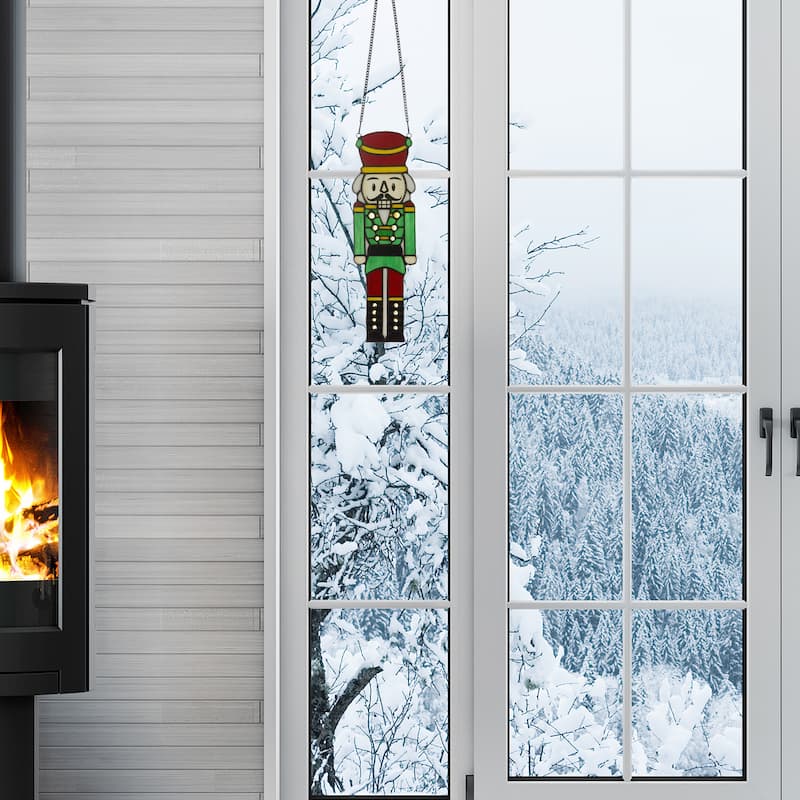 Cornelius River of Goods 14-Inch Red and Green Holiday Nutcracker Stained Glass Window Panel - 4.25" x 0.25" x 14"