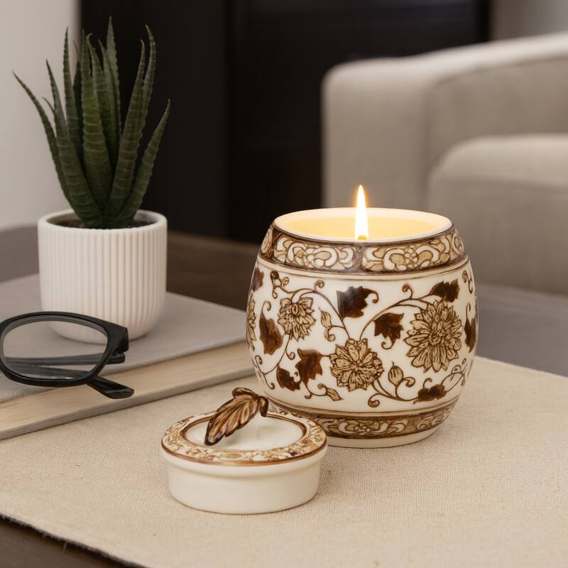 Modern Chinoiserie Ceramic Candle with Lid - Peony Scented Candle