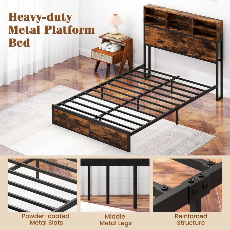 Metal Platform Bed Frame with Headboard Storage and USB Charging Ports