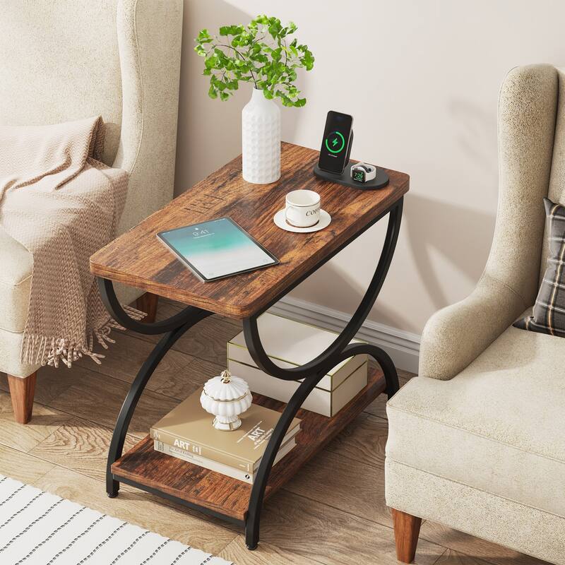 2-Tier Rectangular Wood Metal End Side Chairside Table