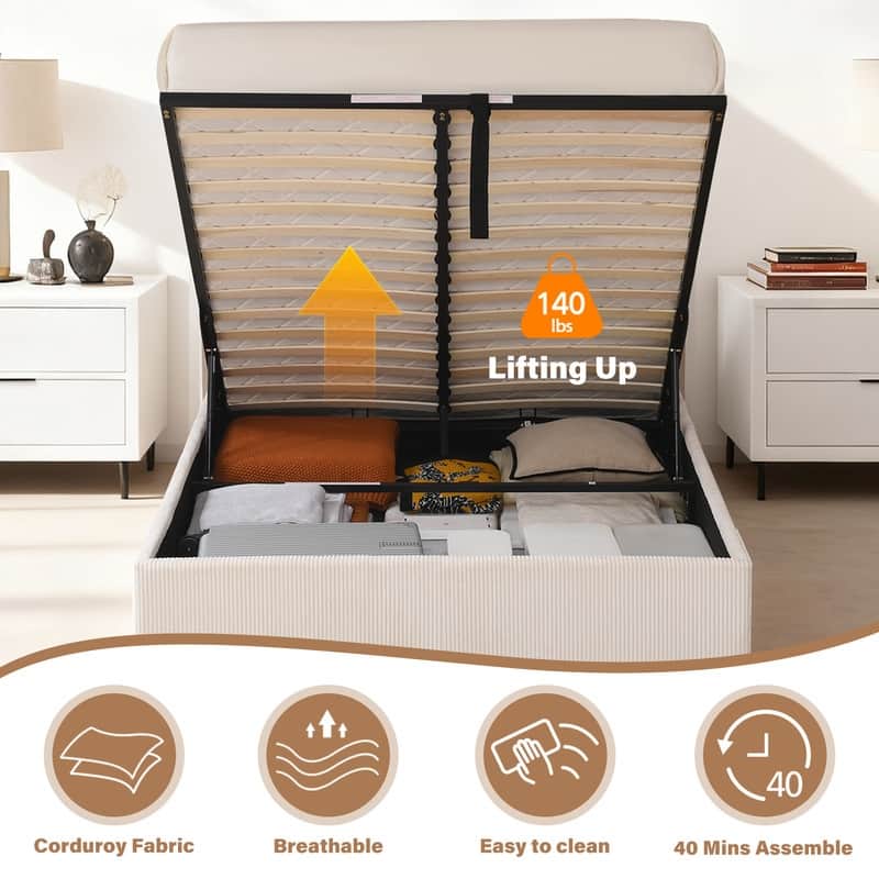 Lift Up Storage Platform Bed with Minimalist Headboard