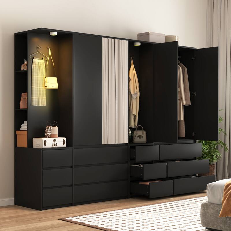 6 Drawers Armoire Wooden Bedroom Wardrobe Closet with Mirrored Door, Storage Shelves and Hanging Rail
