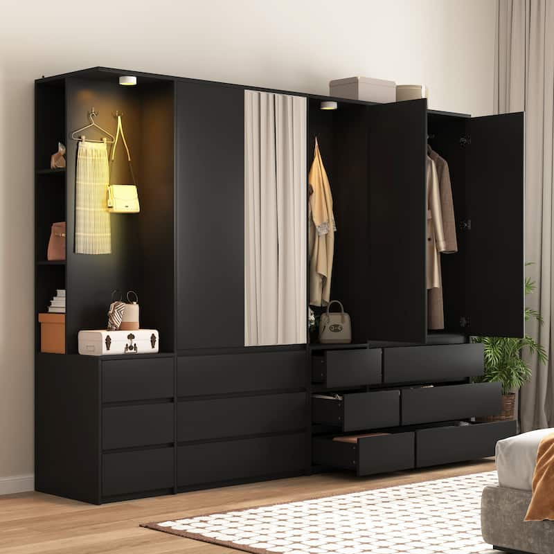 71.7" H Modern Wardrobe Closet with 2 Doors & 6 Drawers, Wooden Clothing Storage Cabinet with Hanging Rail
