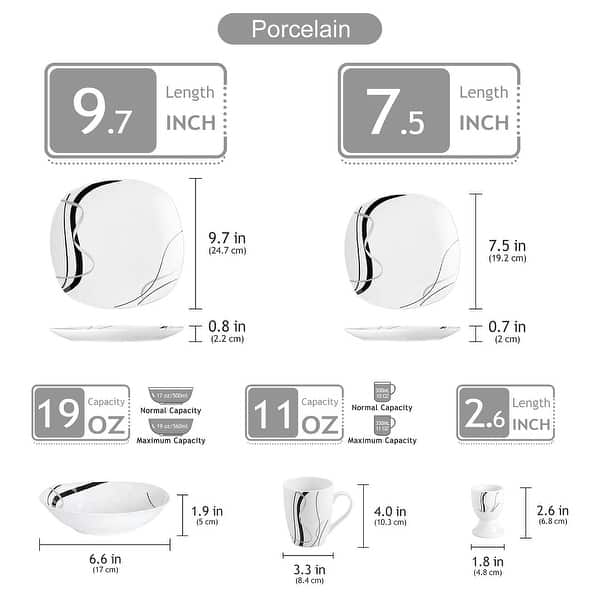 dimension image slide 6 of 9, VEWEET 20-Piece White Porcelain Dinnerware Set (Service for 4)