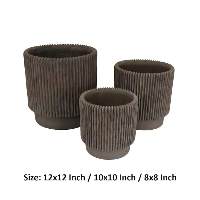 Zeri 3pc Planter Set, Ribbed Grooved Brown Terracotta, 8,10,12 Inch