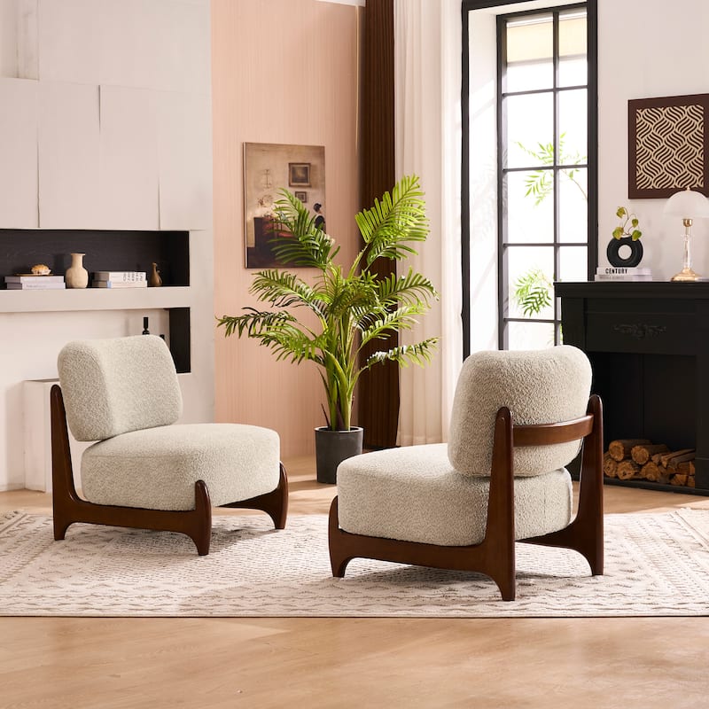 30"W Mid-Century Modern Accent Chair with Solid Wood Frame, Boucle Comfy Living Room Chair for Bedroom Lounge Reading Room