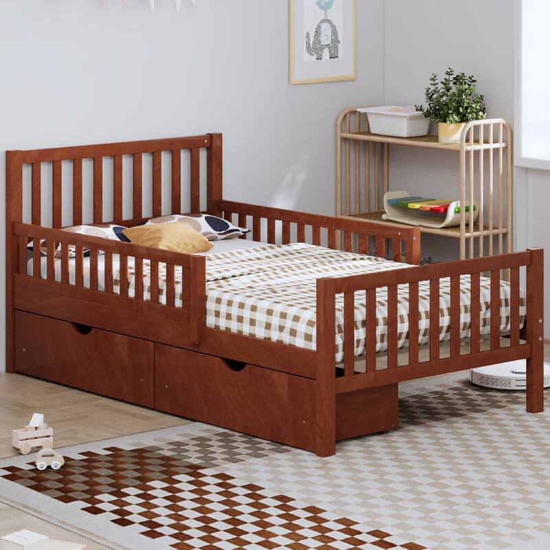 Solid Wood Platform Bed Frame with Guardrail, Drawer