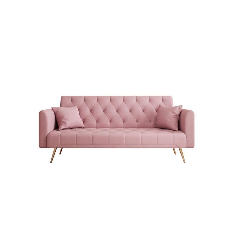 Pink 71" Velvet Convertible 3-seater Sofa Bed with Two Throw Pillows and Metal Legs for Living Room